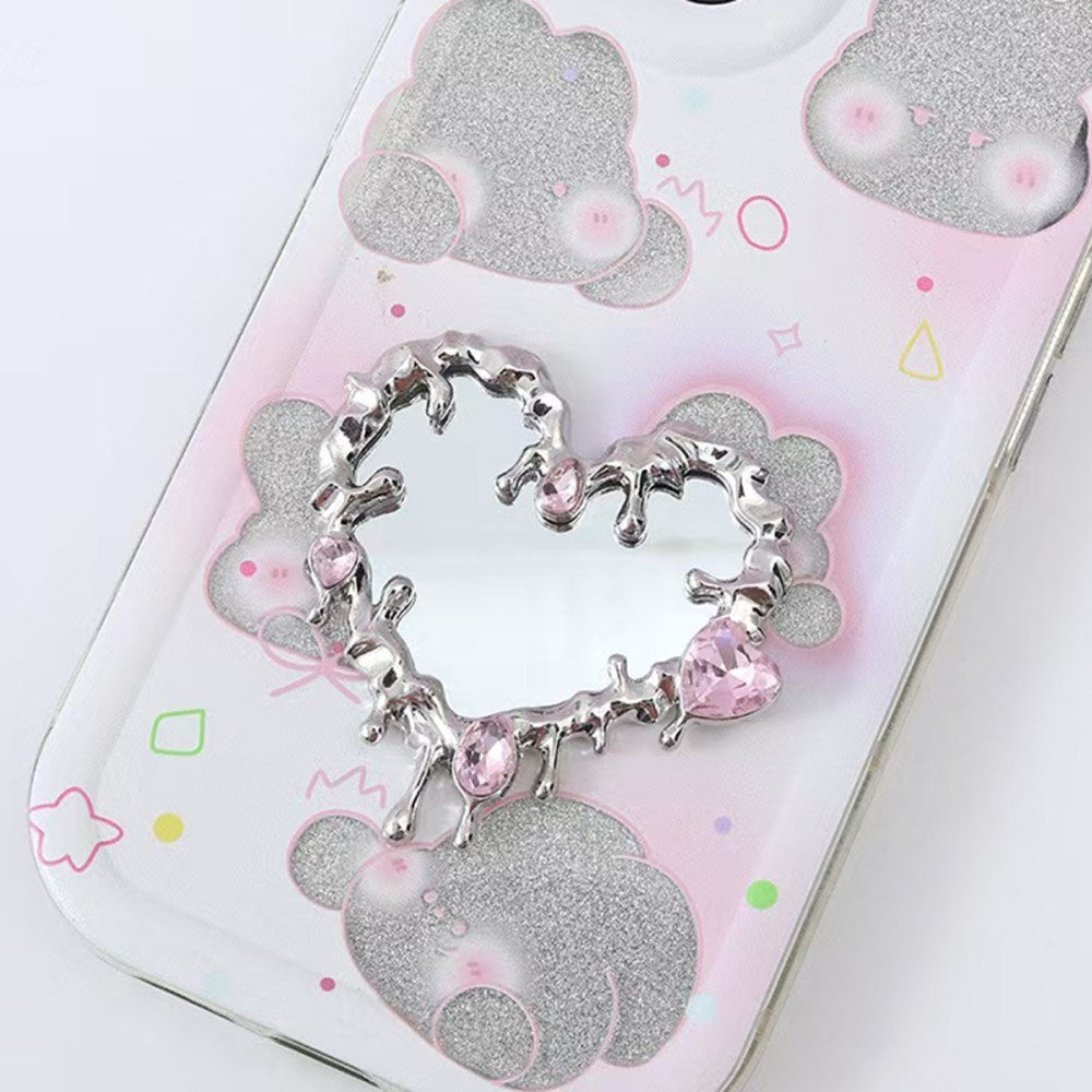 Heart-Shaped Mirror Decoration with Melting Effect for Phone - Silver / Pink