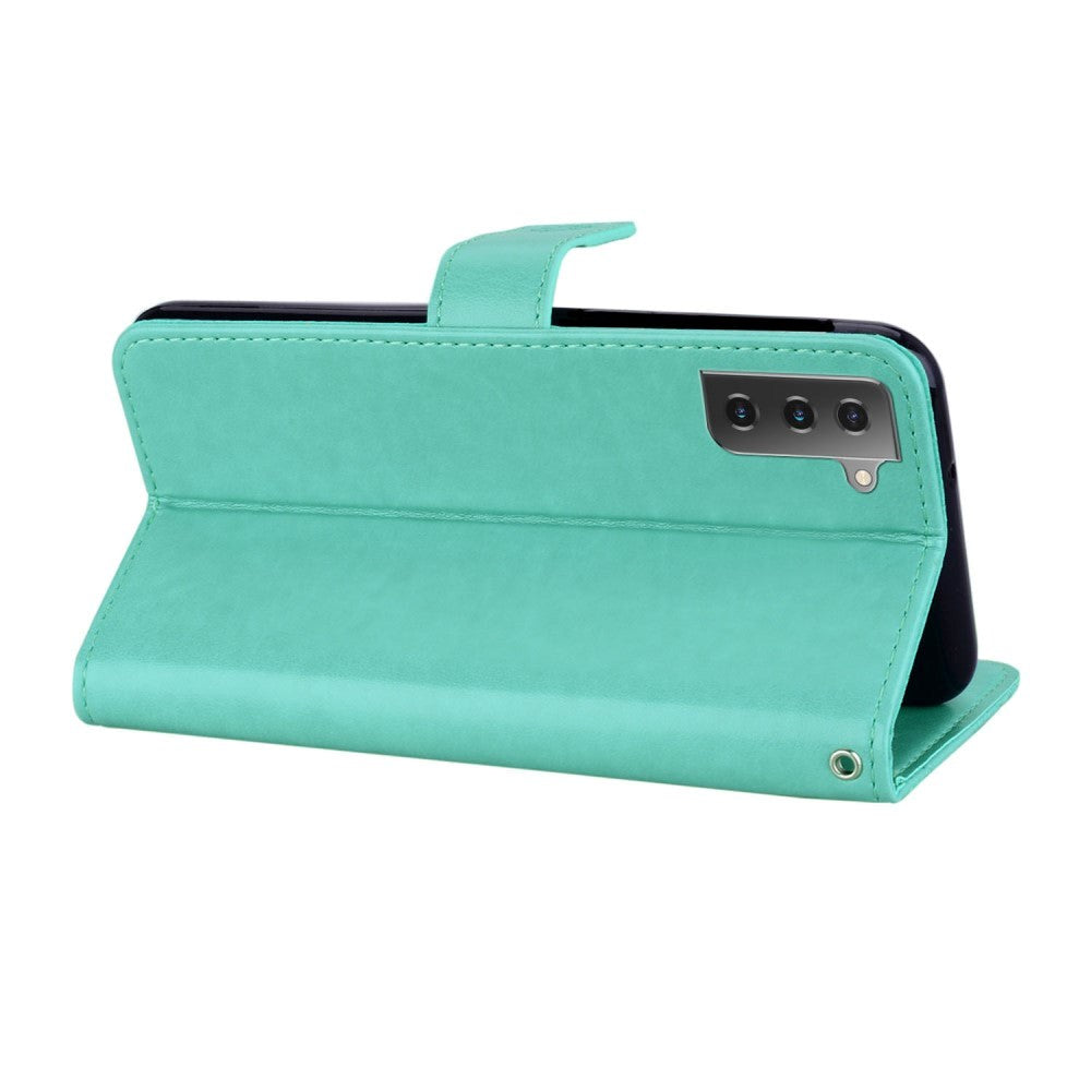 Samsung Galaxy S21+ (Plus) Owl & Rhinestone Leather Wallet Case - Cyan