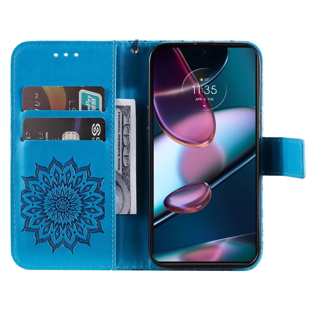Motorola Edge 30 Pro Leather Case with Wallet and Strap - Mandala Print - Blue