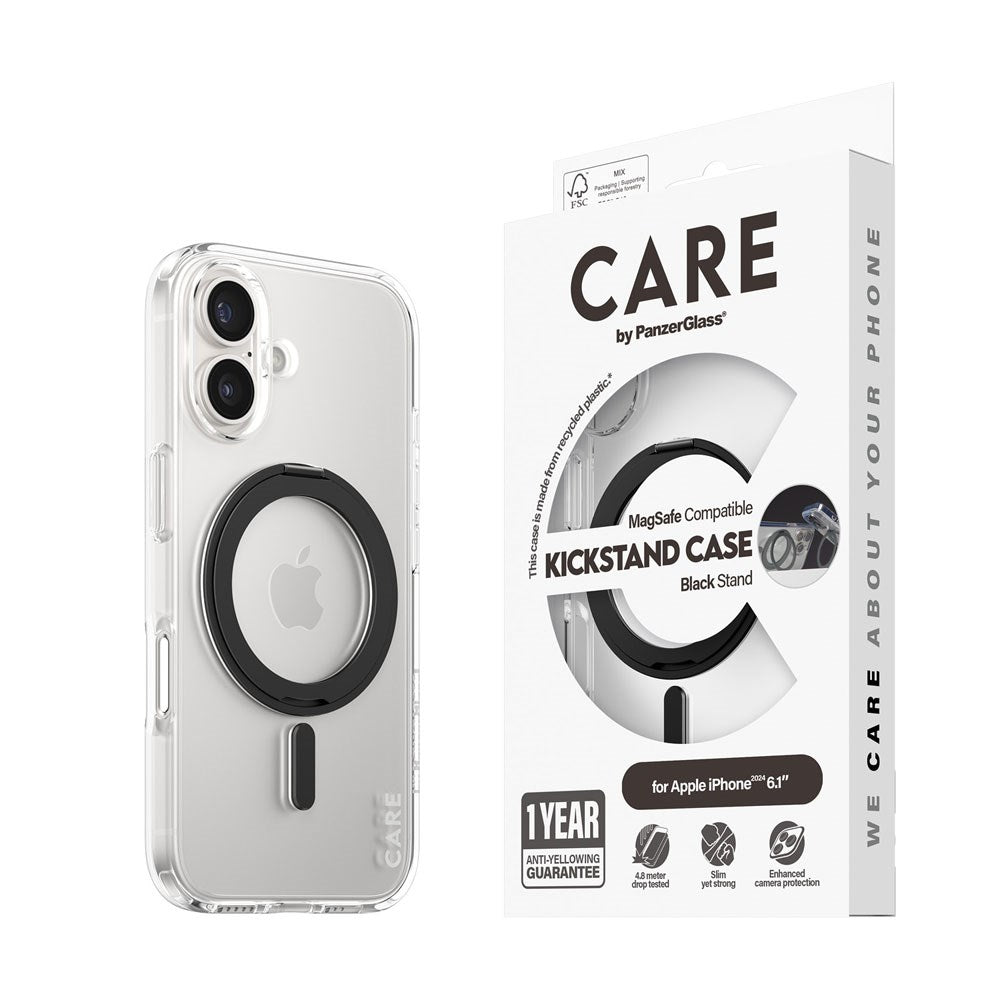 CARE by PanzerGlass iPhone 16 Feature Kickstand Case - MagSafe Compatible - Transparent / Black
