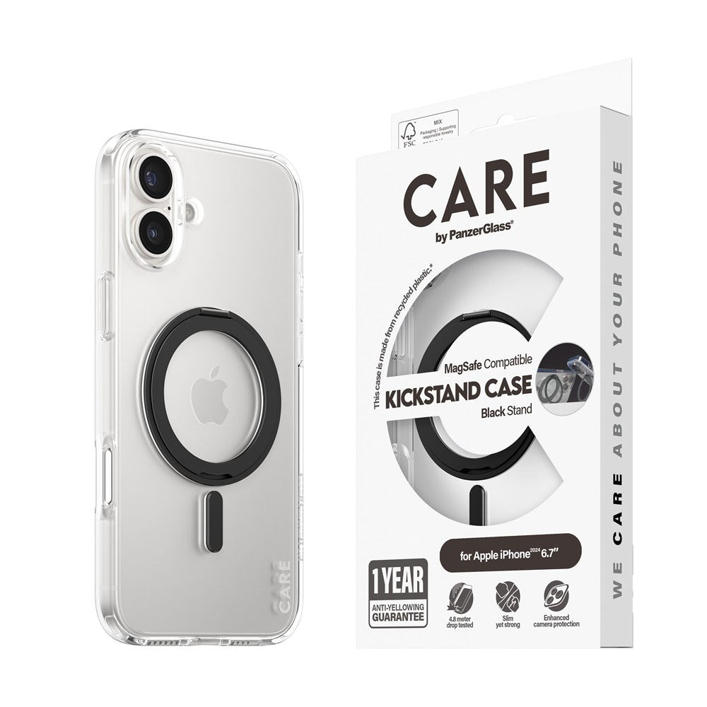 CARE by PanzerGlass iPhone 16 Plus Feature Kickstand Case - MagSafe Compatible - Transparent / Black