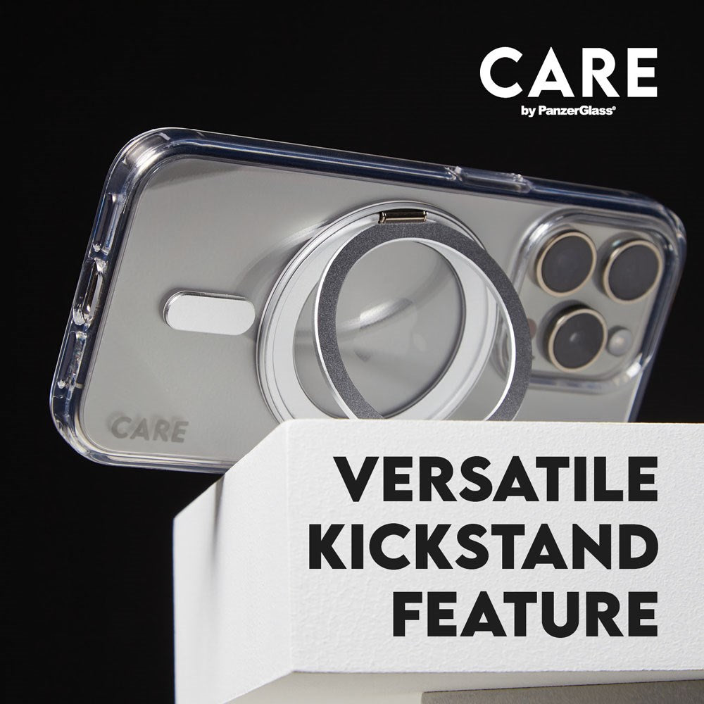 CARE by PanzerGlass iPhone 16 Feature Kickstand Case - MagSafe Compatible - Transparent / Silver