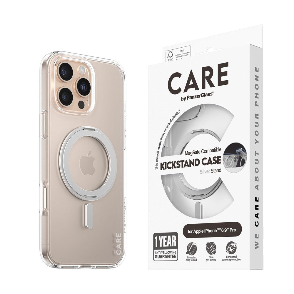CARE by PanzerGlass iPhone 16 Pro Max Feature Kickstand Case - MagSafe Compatible - Transparent / Silver