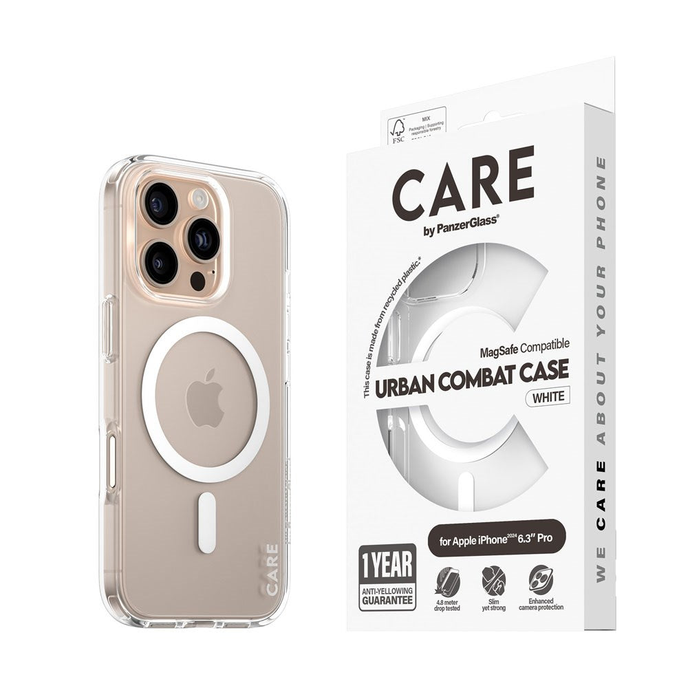 CARE by PanzerGlass iPhone 16 Pro FLAGSHIP Urban Combat Case - MagSafe Compatible - Transparent / White