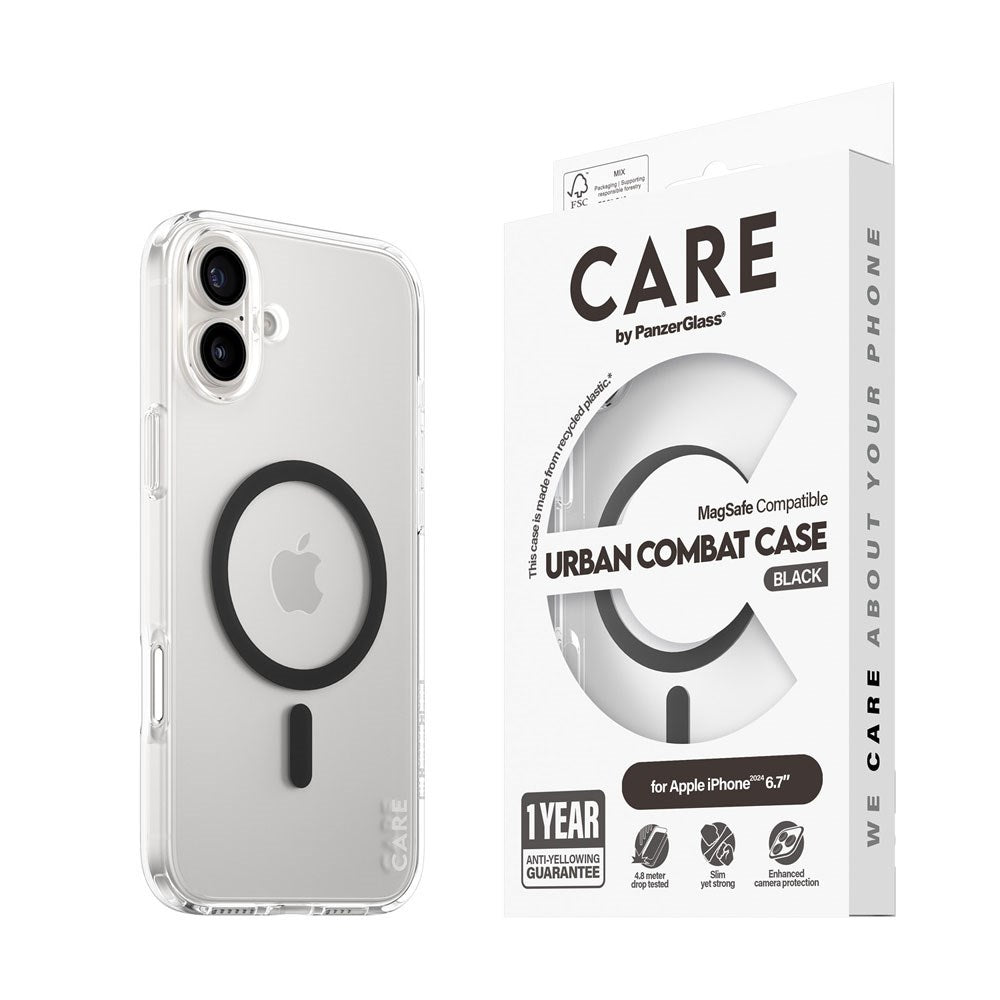 CARE by PanzerGlass iPhone 16 Plus FLAGSHIP Urban Combat Case - MagSafe Compatible - Transparent / Black