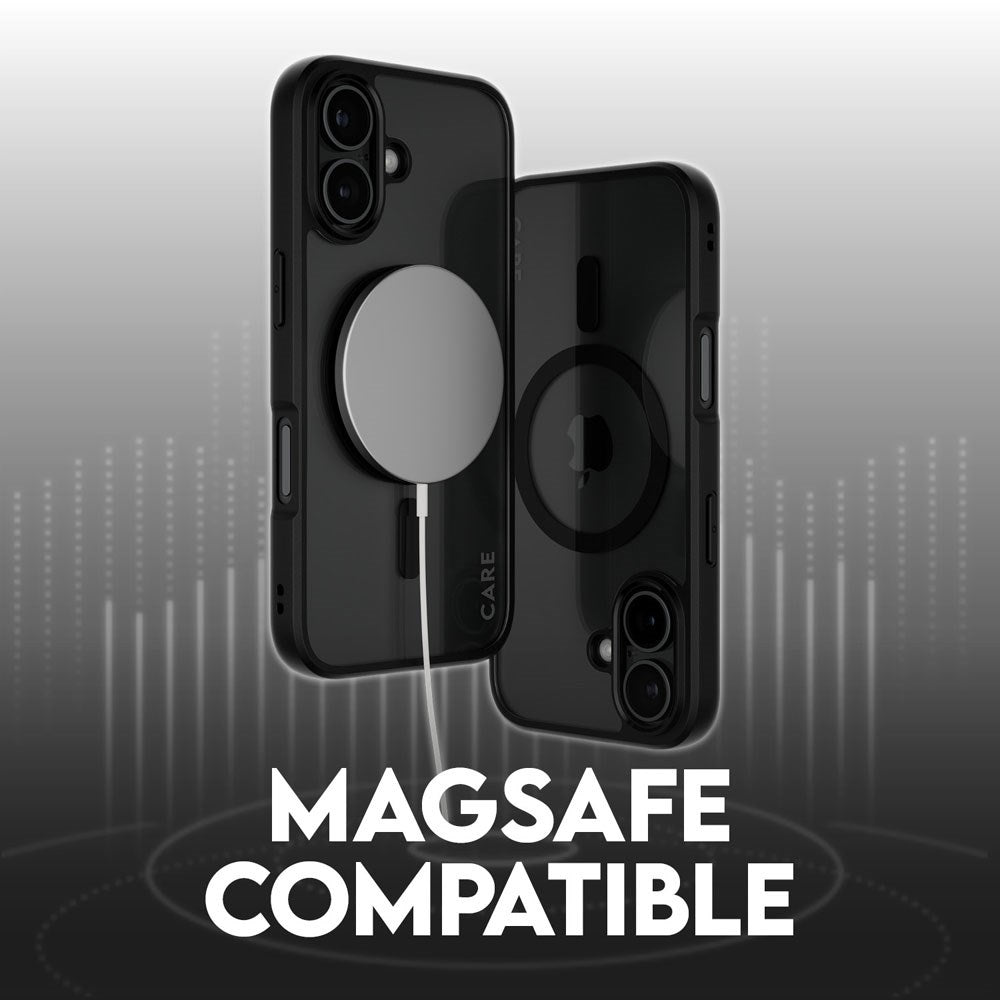 CARE by PanzerGlass iPhone 16 FLAGSHIP Urban Combat Case - MagSafe Compatible - Transparent / Black Frame