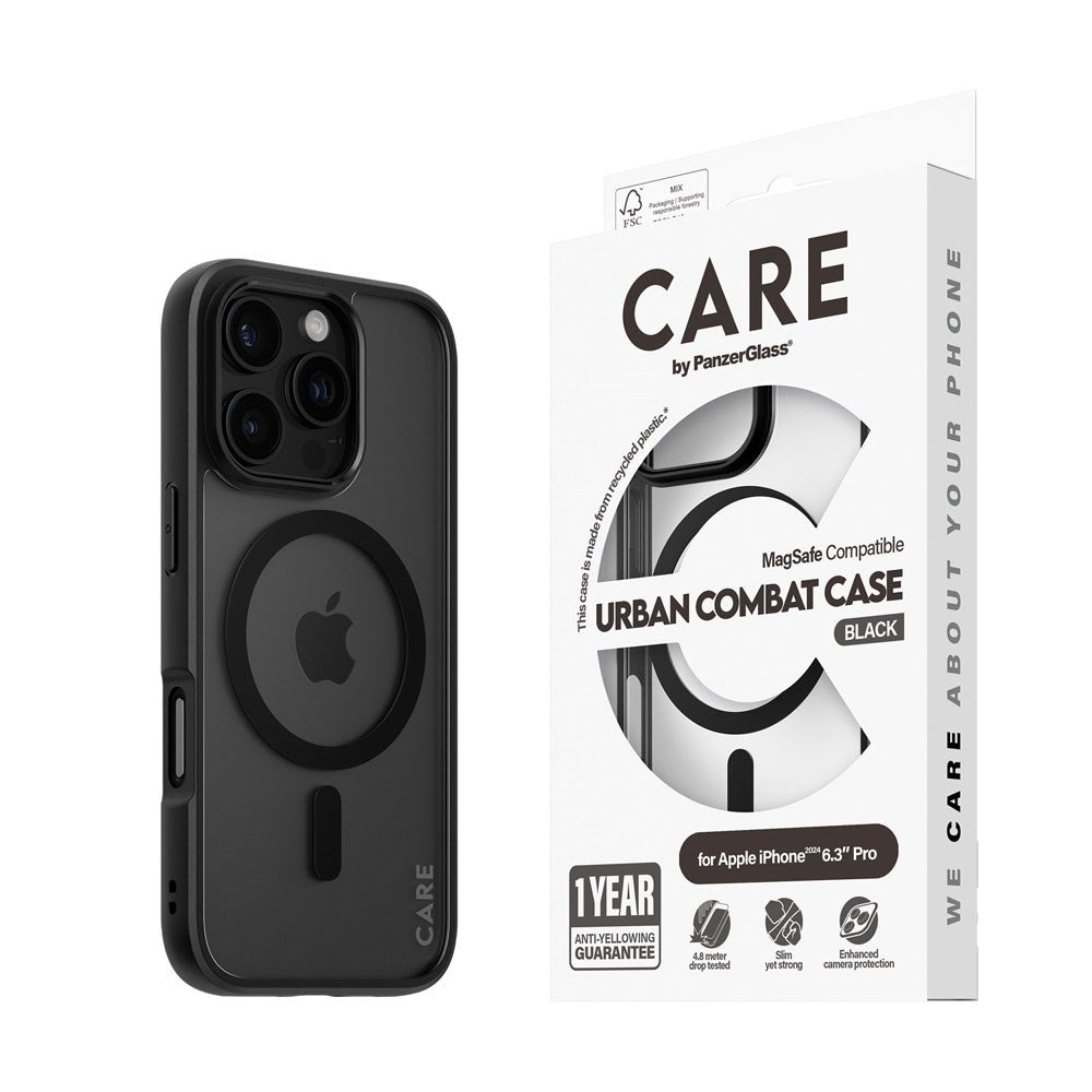 CARE by PanzerGlass iPhone 16 Pro FLAGSHIP Urban Combat Case - MagSafe Compatible - Transparent / Black Frame