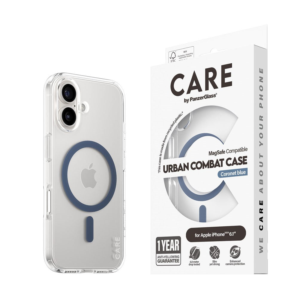 CARE by PanzerGlass iPhone 16 FLAGSHIP Urban Combat Case - MagSafe Compatible - Transparent / Coronet Blue