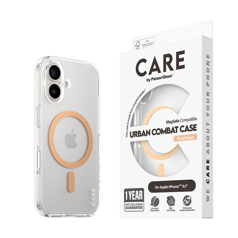 CARE by PanzerGlass iPhone 16 FLAGSHIP Urban Combat Case - MagSafe Compatible - Transparent / Peach Fuzz