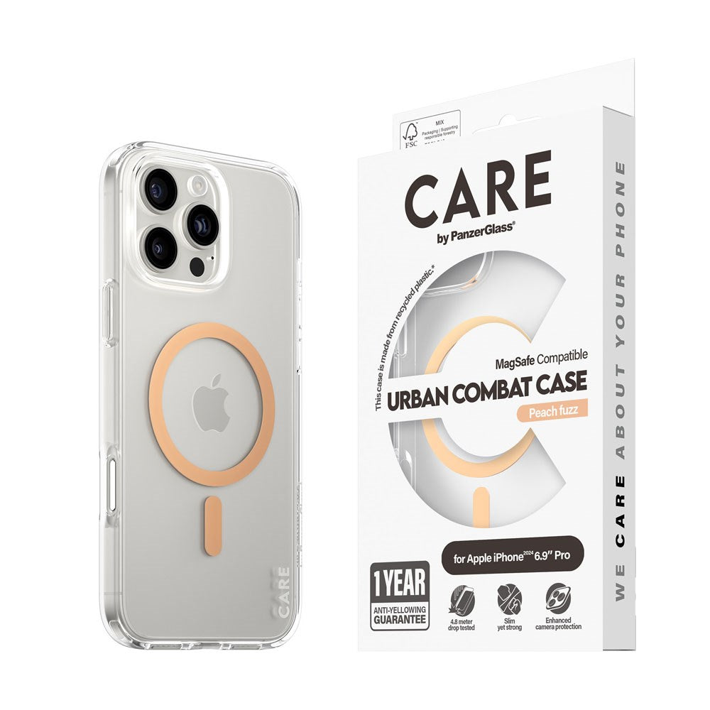 CARE by PanzerGlass iPhone 16 Pro Max FLAGSHIP Urban Combat Case - MagSafe Compatible - Transparent / Peach Fuzz