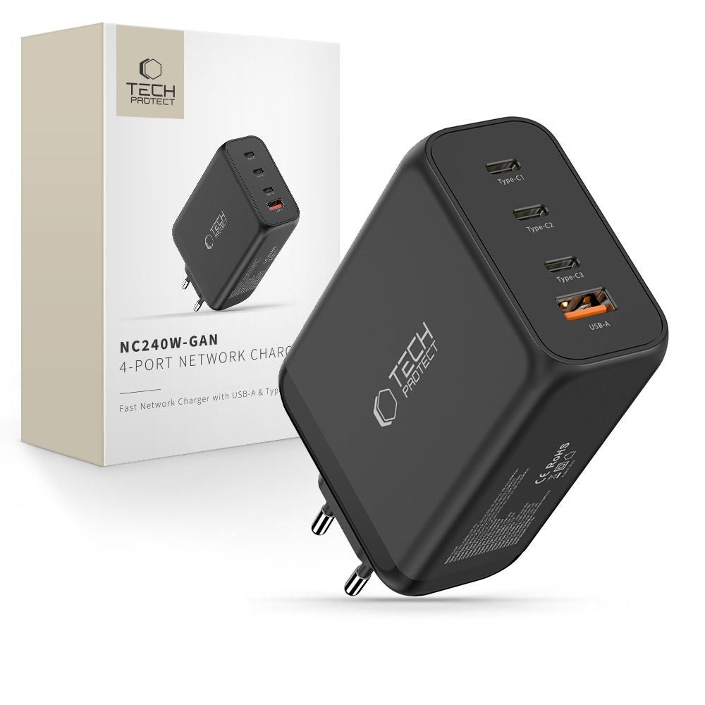 Tech-Protect 240W Wall Charger w. 3x USB-C & 1x USB-A - Black