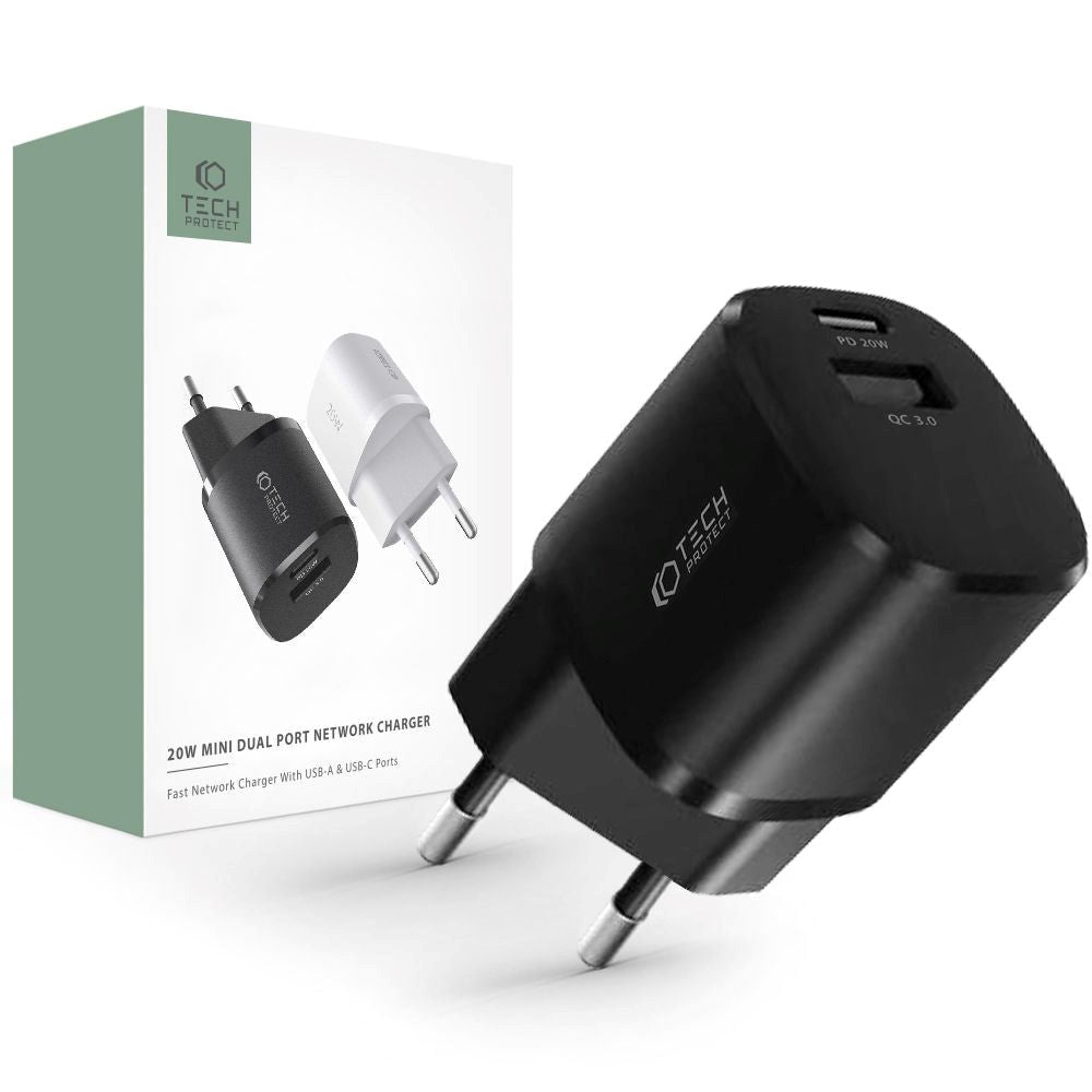 Tech-Protect 20W Wall charger with 1 x USB-A QC & 1 x USB-C PD - Black