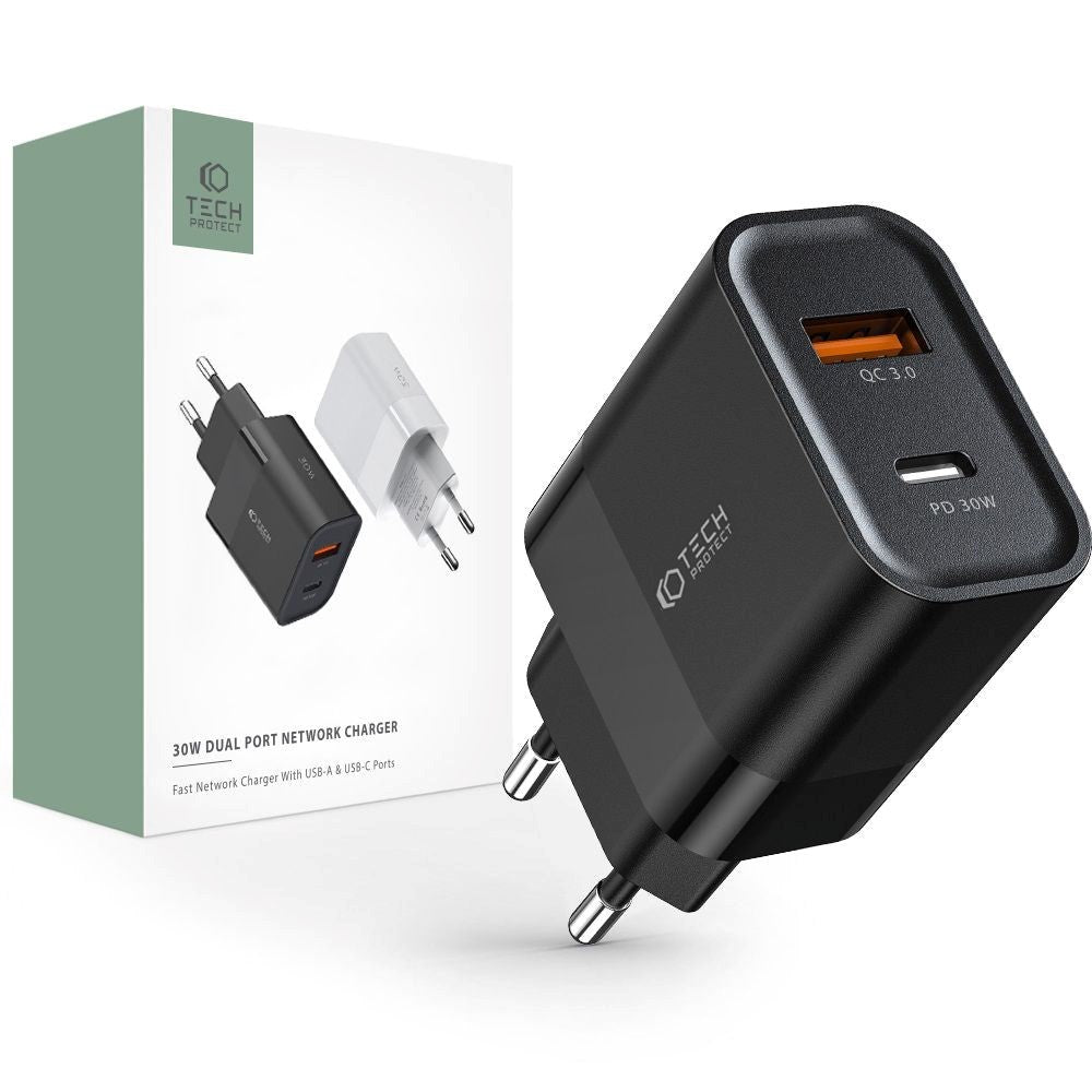 Tech-Protect 30W Wall Charger w. 1 x USB-C & 1 x USB-A - Black