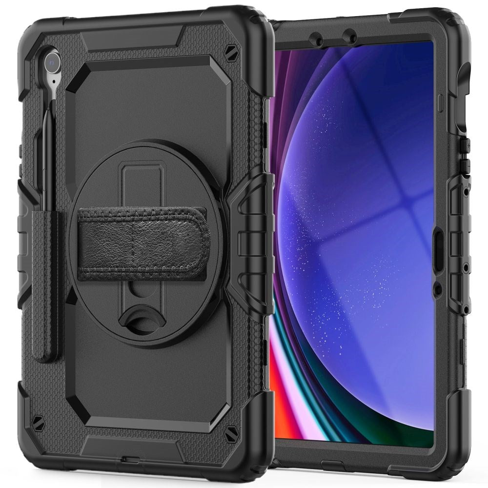 Samsung Galaxy Tab S10 FE / S9 FE Tech-Protect Solid360 Tough Case w. Protective Film, Hand Holder & Shoulder Strap - Black