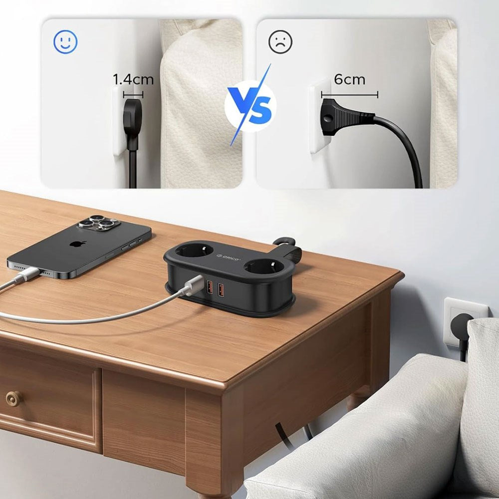 ORICO 20W 5-in-1 Power Strip with 2 x Schuko 2 x USB-A 1 x USB-C - Black