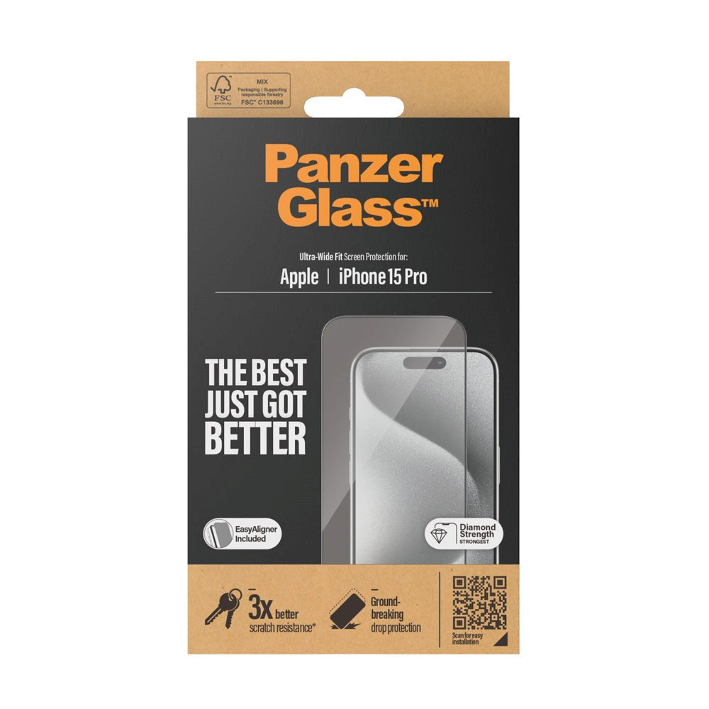iPhone 15 Pro PanzerGlass Ultra Wide Fit Screen Protector w. EasyAligner - Diamond Strength - Transparent