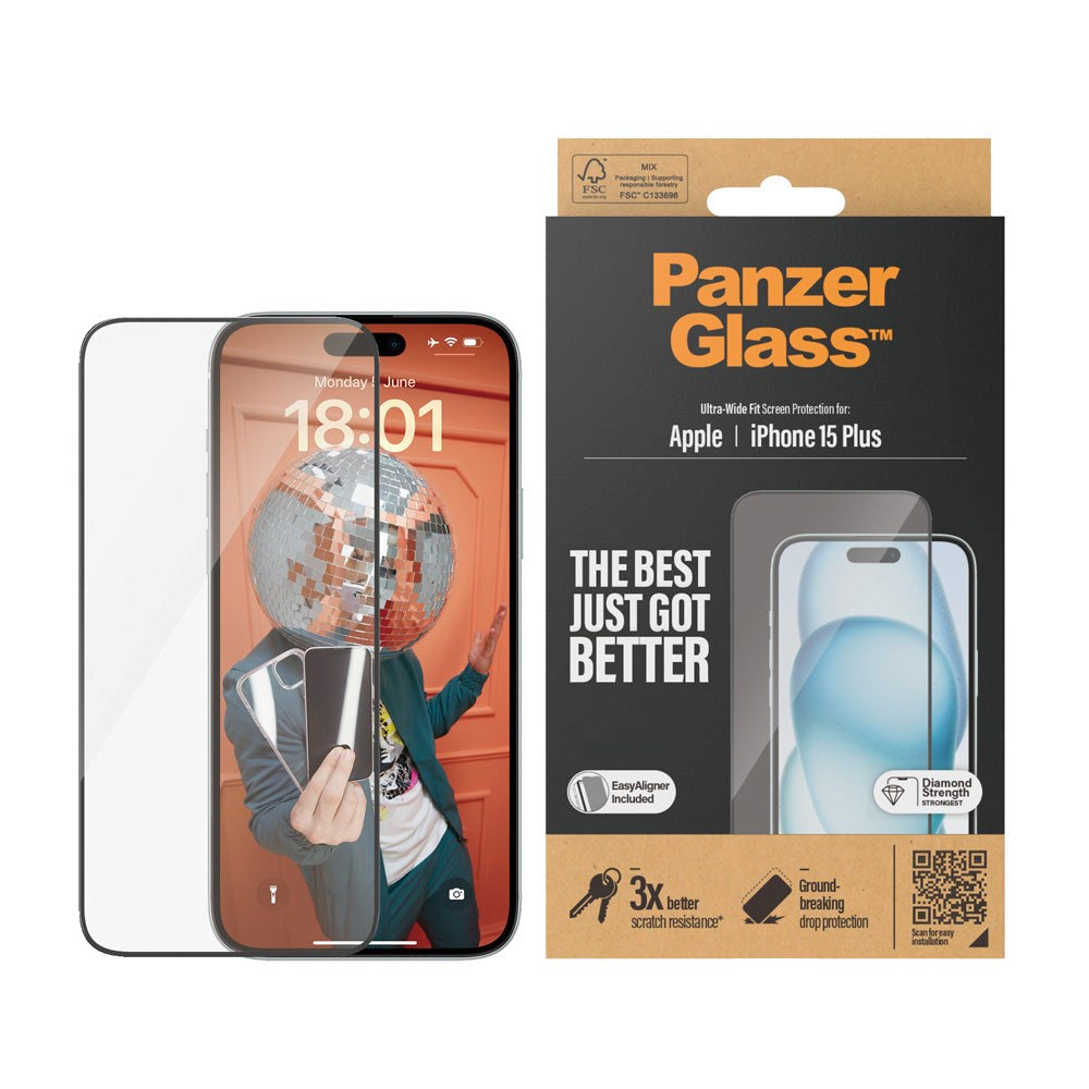 iPhone 15 Plus / 16 Plus PanzerGlass Ultra Wide Fit Screen Protector w. EasyAligner - Diamond Strength - Transparent / Black Edge