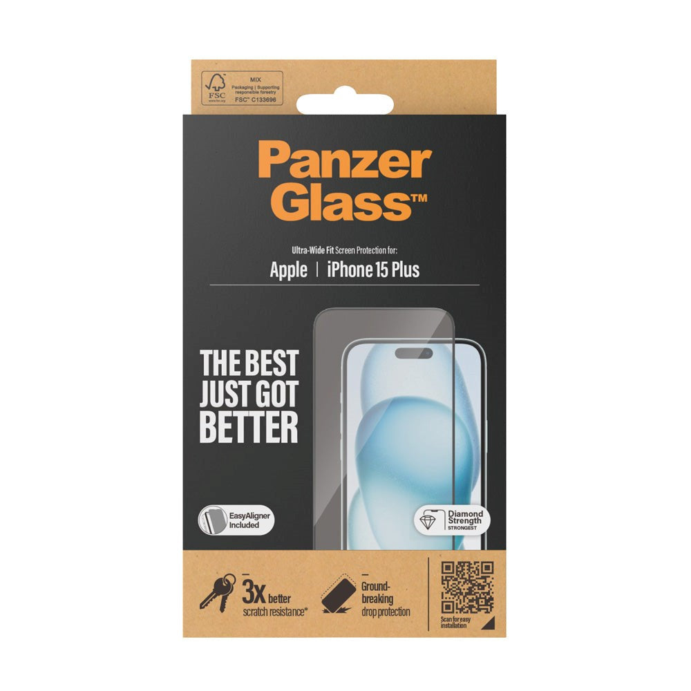 iPhone 15 Plus / 16 Plus PanzerGlass Ultra Wide Fit Screen Protector w. EasyAligner - Diamond Strength - Transparent / Black Edge