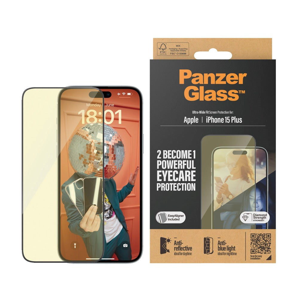 iPhone 15 Plus / 16 Plus PanzerGlass Ultra Wide Fit Screen Protector w. EasyAligner - Anti-Reflective - Anti-Blue Light - Diamond Strength - Transparent / Black Edge