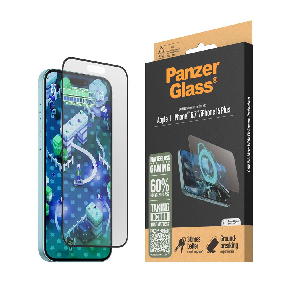 iPhone 15 Plus / 16 Plus PanzerGlass Ultra Wide Fit Screen Protector w. EasyAligner - Anti-Reflective - Diamond Strength - Transparent / Black Edge