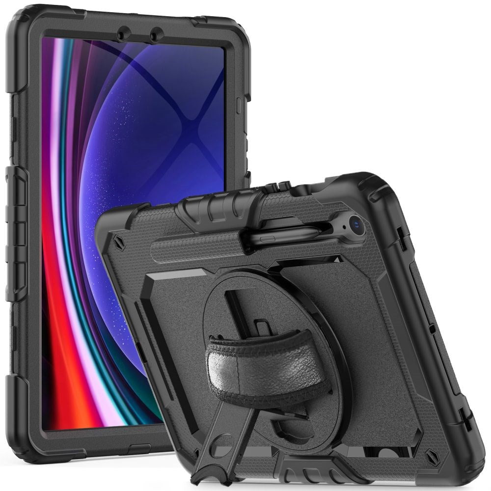 Samsung Galaxy Tab S10 FE / S9 FE Tech-Protect Solid360 Tough Case w. Protective Film, Hand Holder & Shoulder Strap - Black