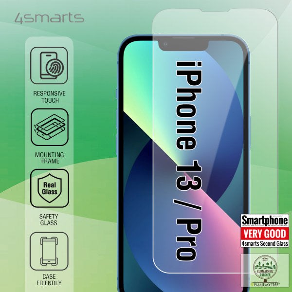 iPhone 16e / 14 / 13 / 13 Pro 4smarts Second Glass X-Pro Clear Screen Protector w. Mounting Frame - Case Friendly - Transparent