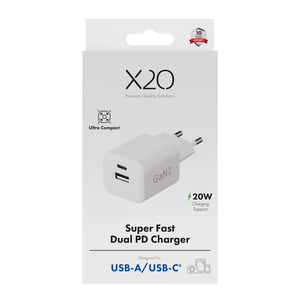 X2O 20W Wall Charger with 1x USB-A & 1x USB-C - White