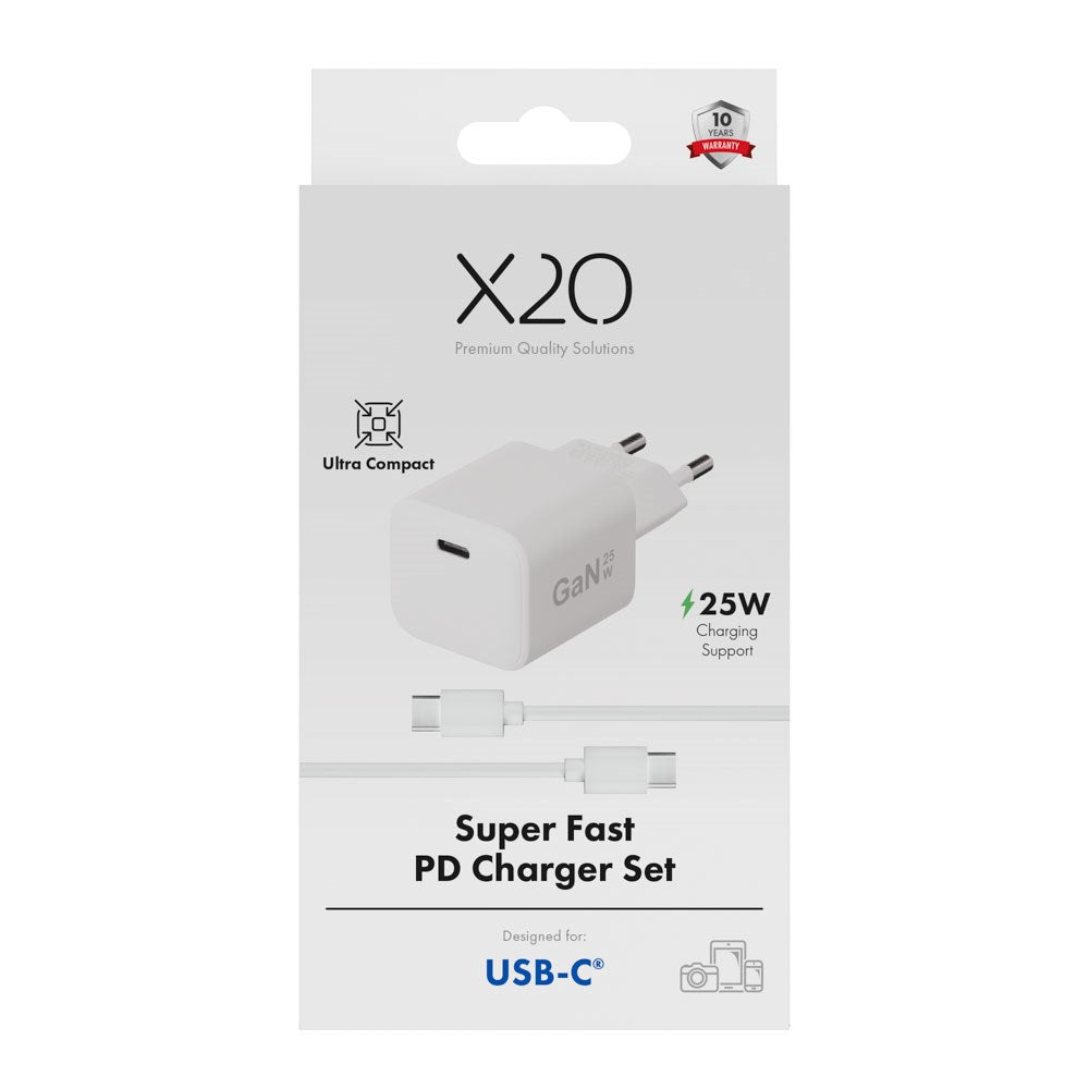 X2O 25W Wall Charger with 1x USB-C & 1x USB-C Cable - 1.2m - White
