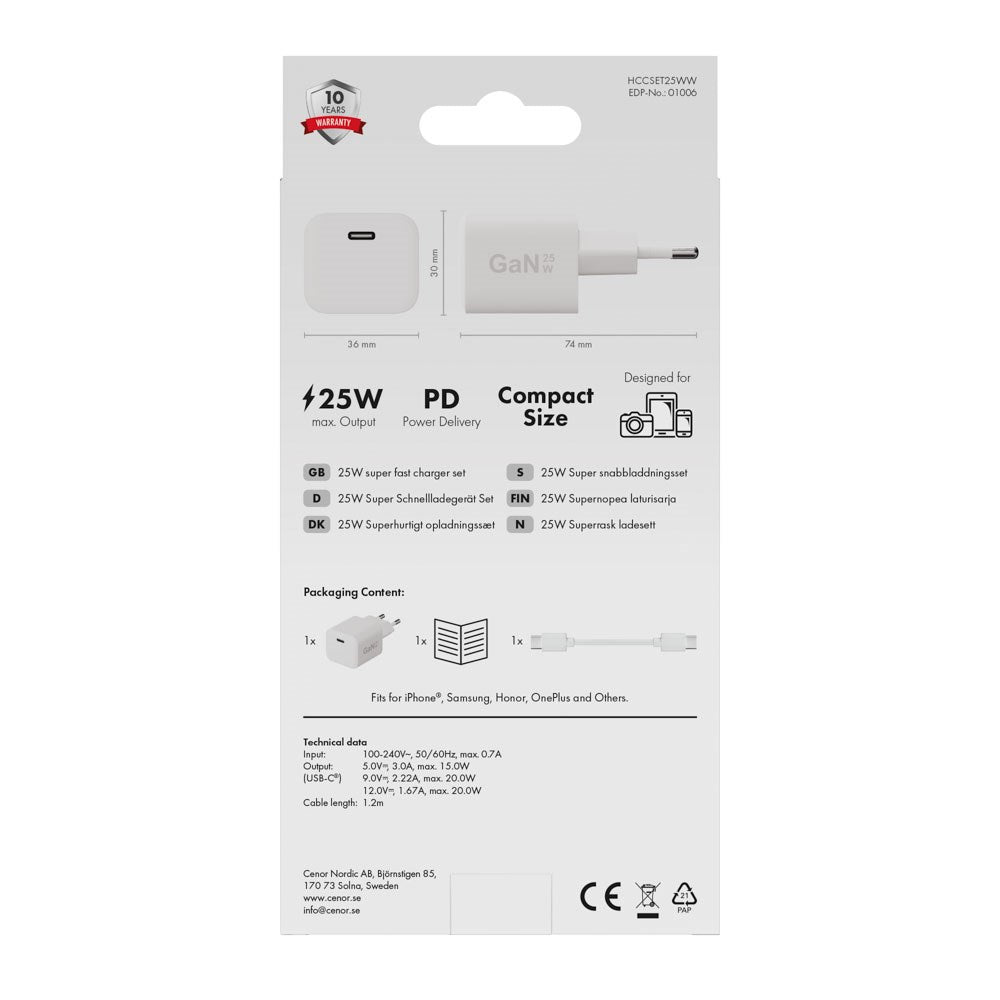 X2O 25W Wall Charger with 1x USB-C & 1x USB-C Cable - 1.2m - White