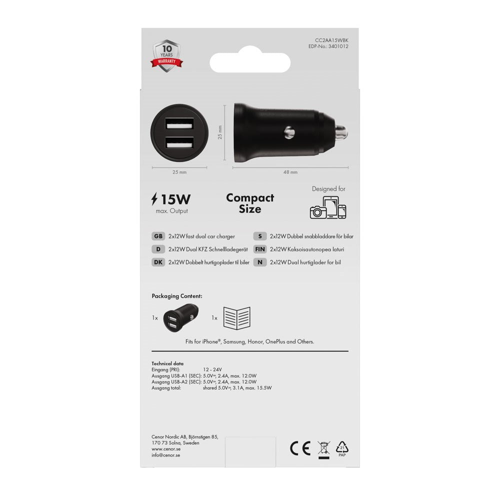 X2O 12W Dual Car Charger USB-A - Black