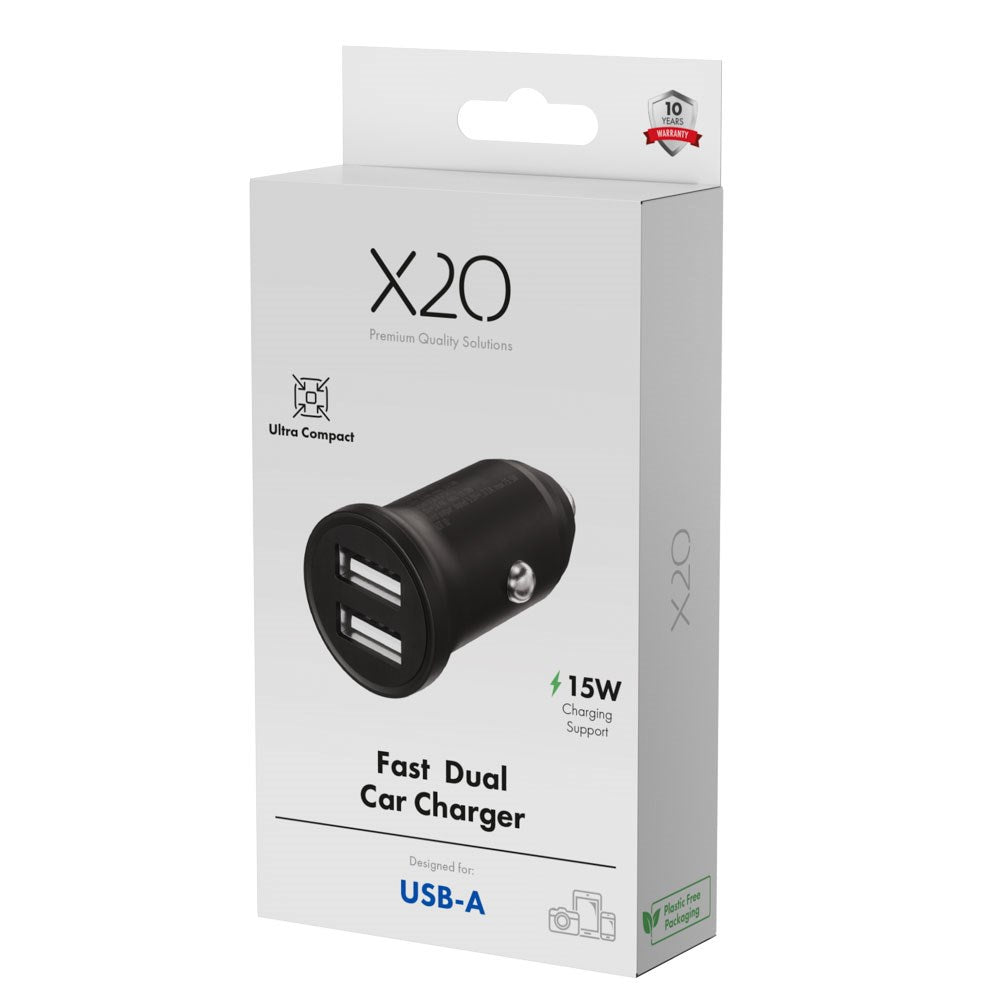 X2O 12W Dual Car Charger USB-A - Black
