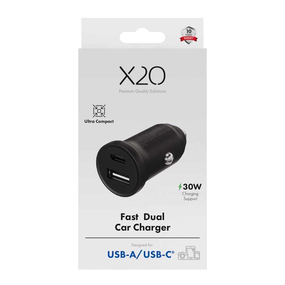 X2O 30W Dual Car Charger USB-A & USB-C - Black