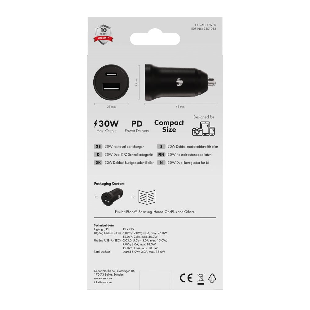 X2O 30W Dual Car Charger USB-A & USB-C - Black