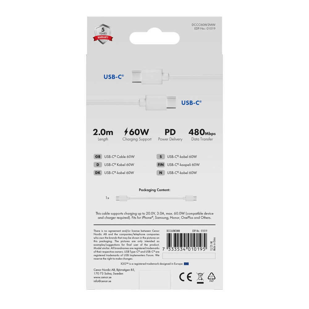X2O Basic 60W USB-C to USB-C Cable - 2m - White