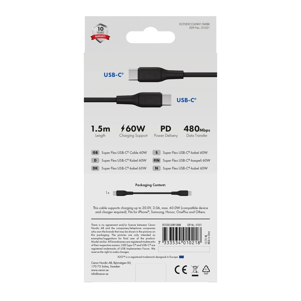 X2O Superflex 60W USB-C to USB-C Cable - 1.5m - Black