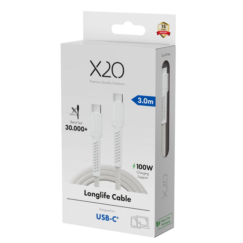 X2O Longlife 100W USB-C to USB-C Cable - 3m - White