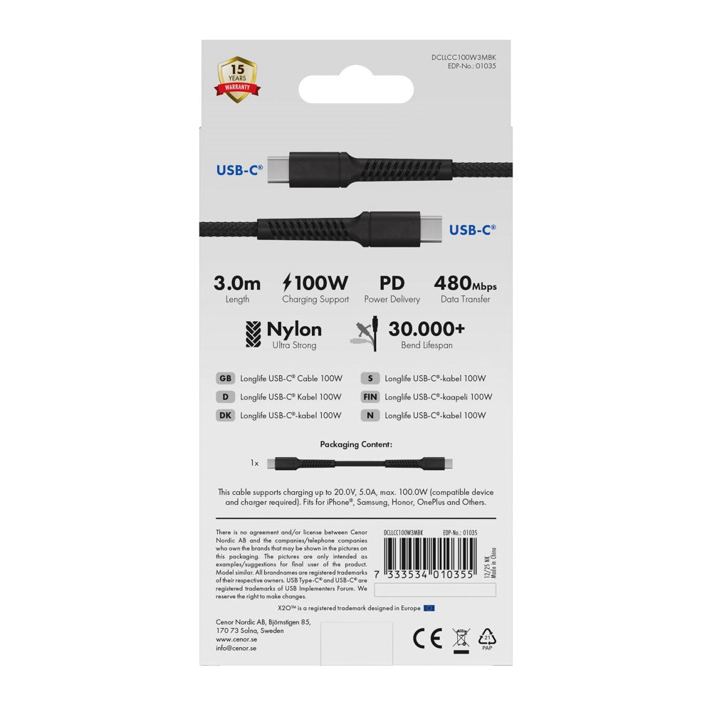 X2O Longlife 100W USB-C to USB-C Cable - 3m - Black
