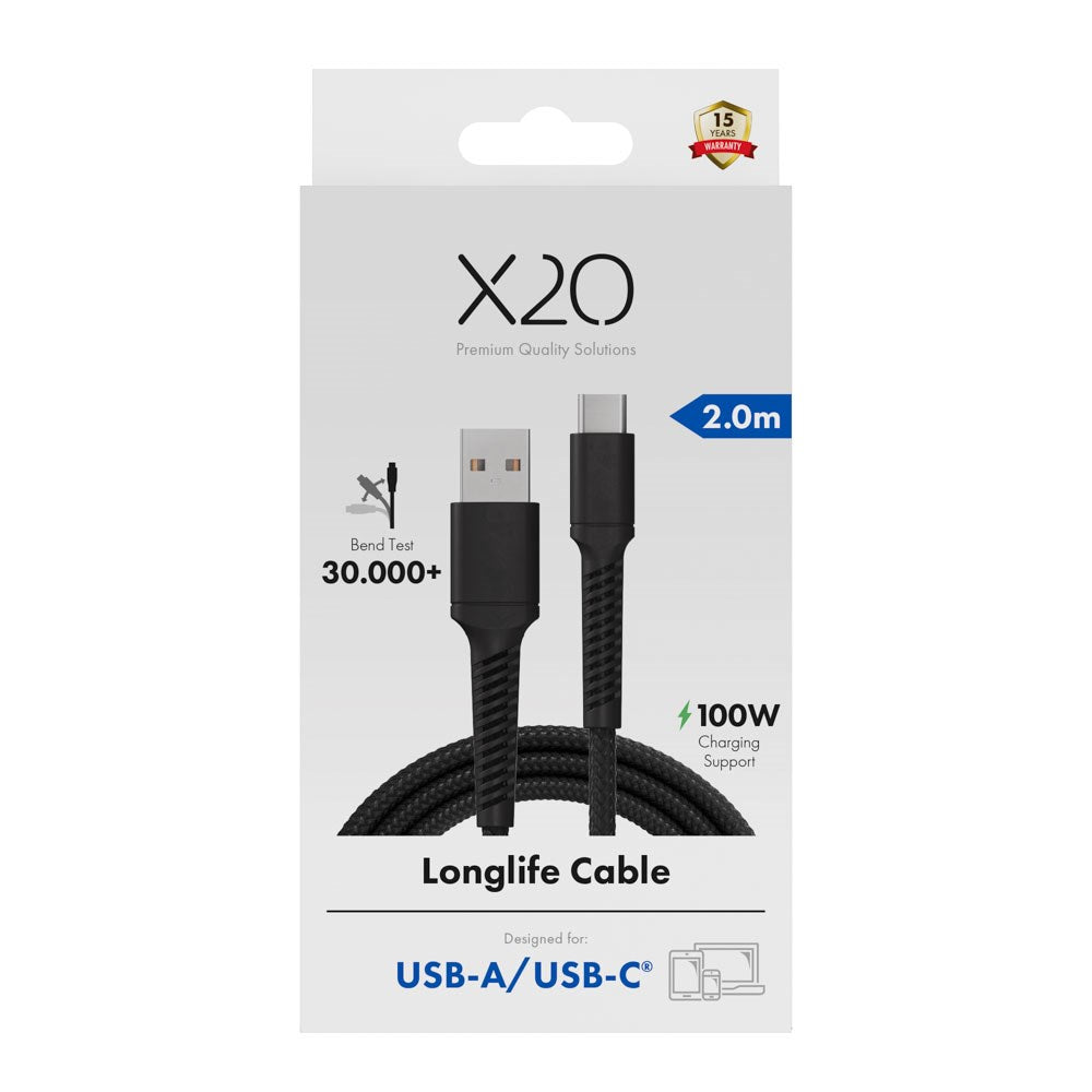 X2O Longlife 60W USB-A to USB-C Cable - 2m - Black
