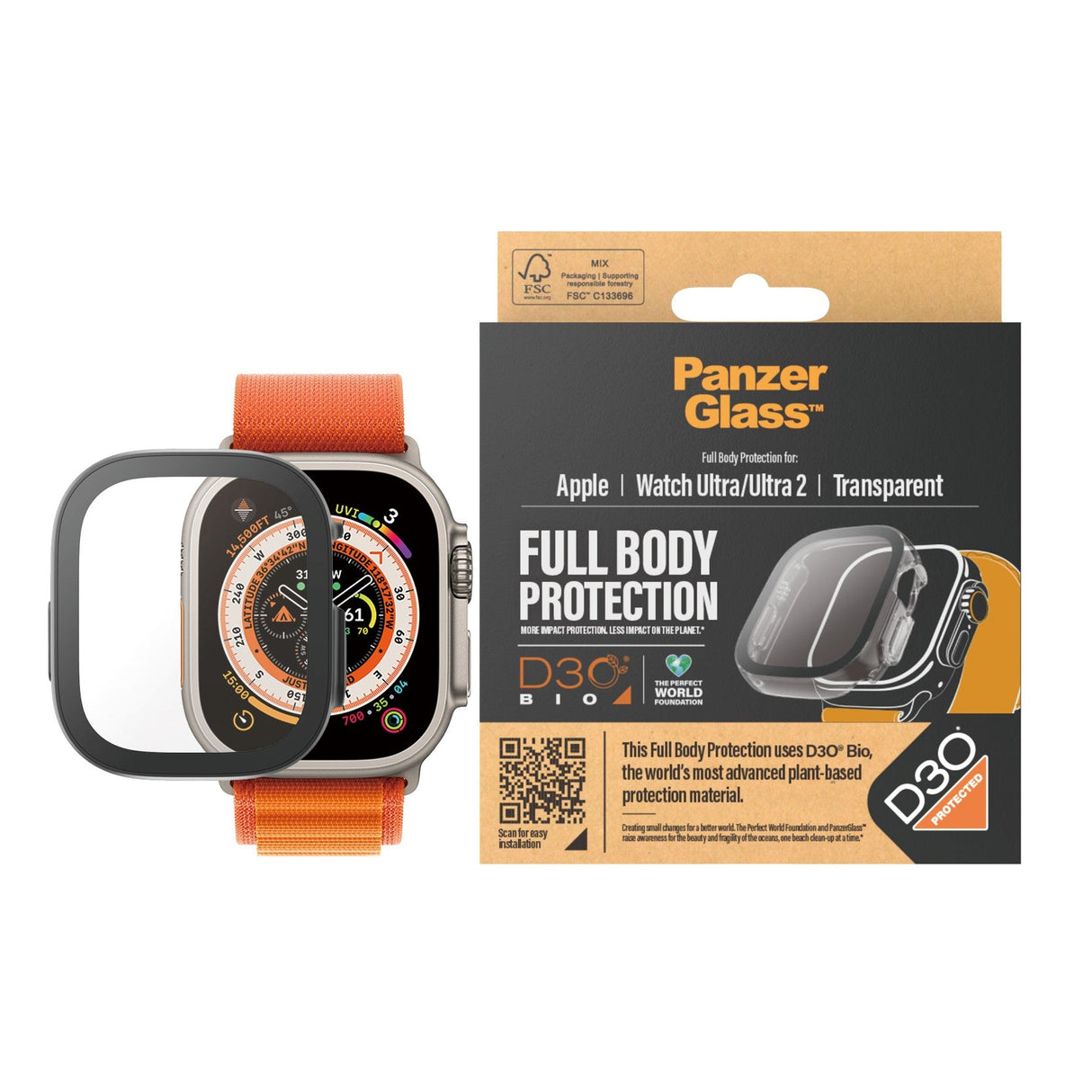 PanzerGlass Apple Watch Ultra 3/2/1 (49mm) Full Body D3O Bio Protection Case w. Built-in Screen Protection - Transparent w. Black Frame