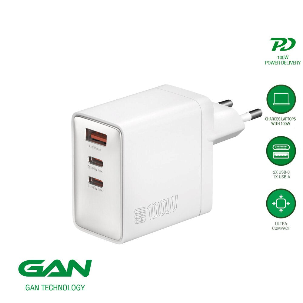4smarts 100W Wall Charger with 1x USB-A & 2x USB-C – White