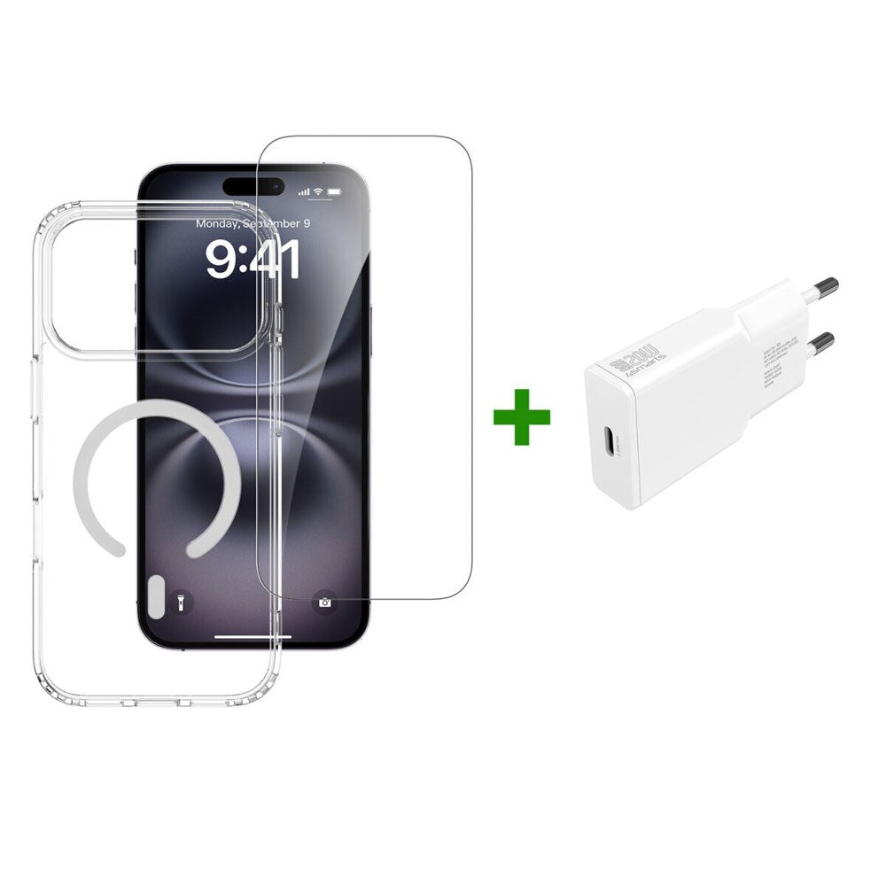 iPhone 17 Pro Max 4Smarts 3-in-1 Premium Starter Set - MagSafe Case, Screen Protector & 20W Wall Charger - Transparent / White