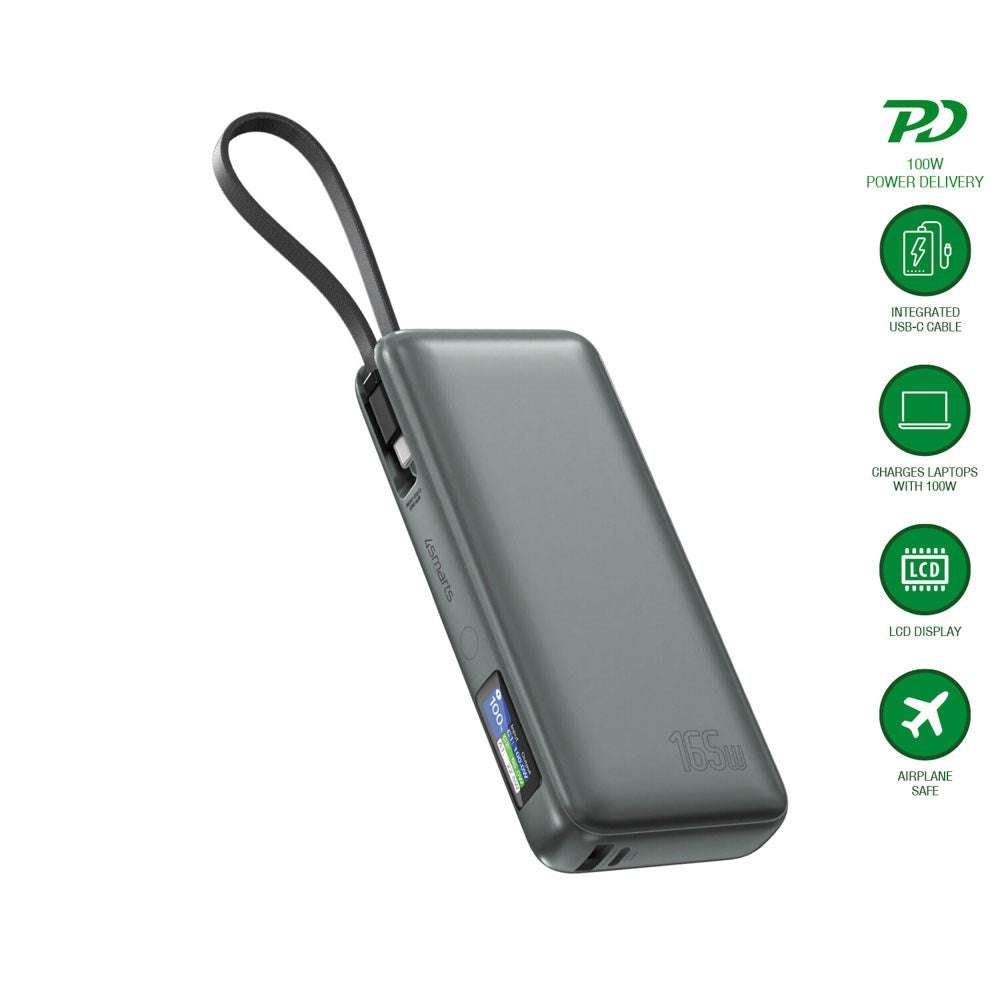 4smarts Enterprise 20,000mAh 165W Powerbank with Built-in USB-C Cable - Grey