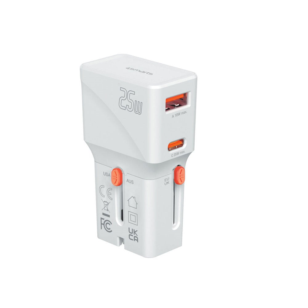 4smarts 25W Travel Adapter for EU/UK/US/AUS with 1 x USB-C 1 x USB-A - White
