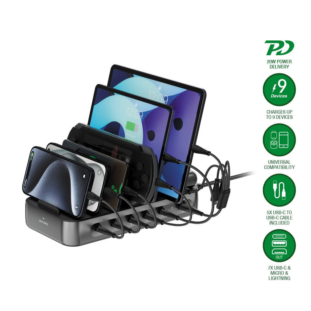 4smarts Charging Station with 9 Charging Options - 5x USB-C Cable & 1x 4-in-1 Multi Cable - 100W - Black