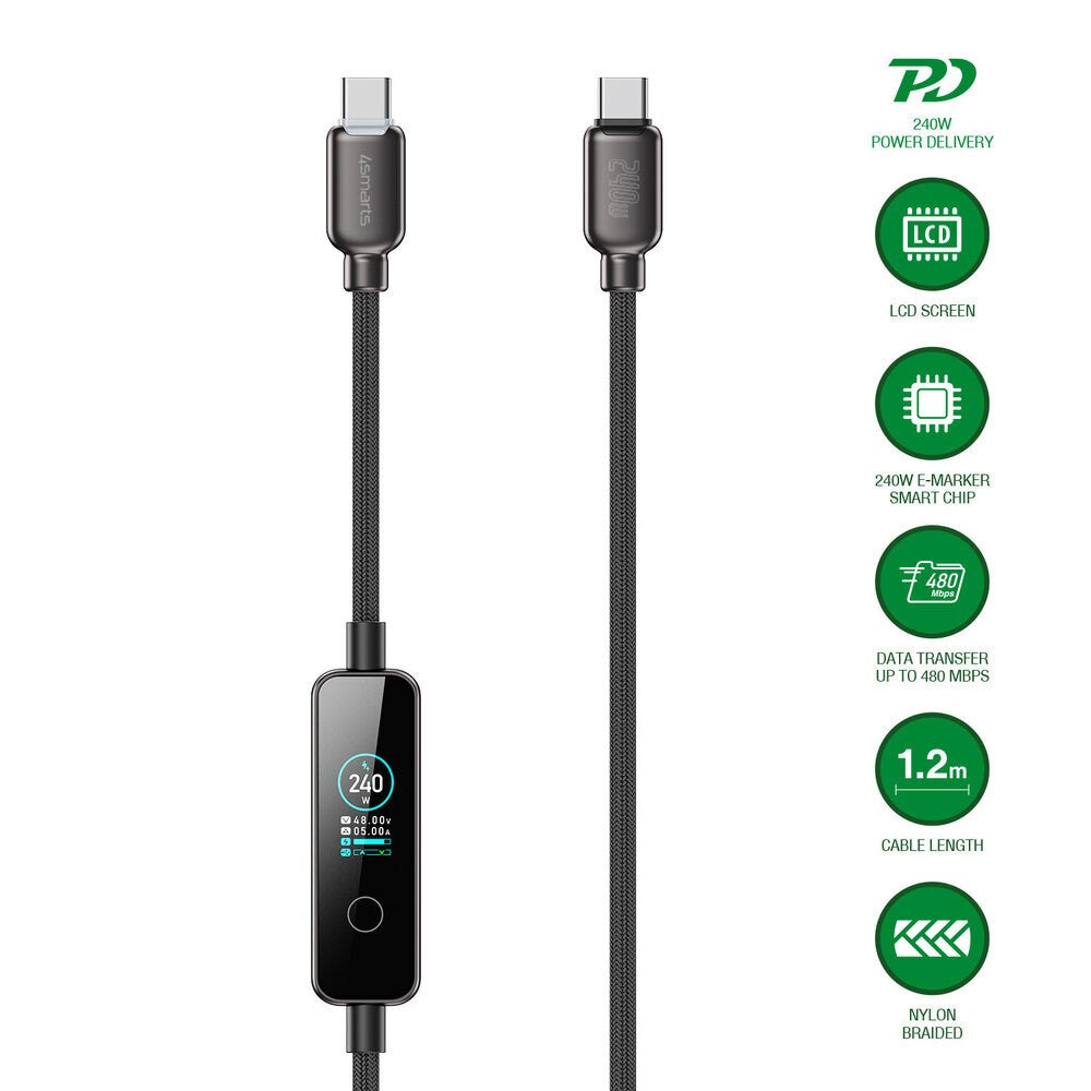 4smarts ScreenCord 240W USB-C to USB-C Cable with Built-in Display - 1.2m - Black