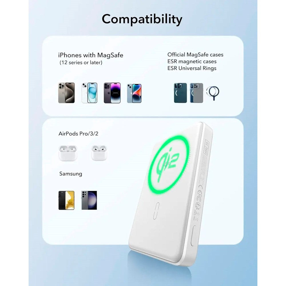 ESR Qi2 MagSlim PowerBank - 15W / 10.000 mAh - MagSafe Compatible - White