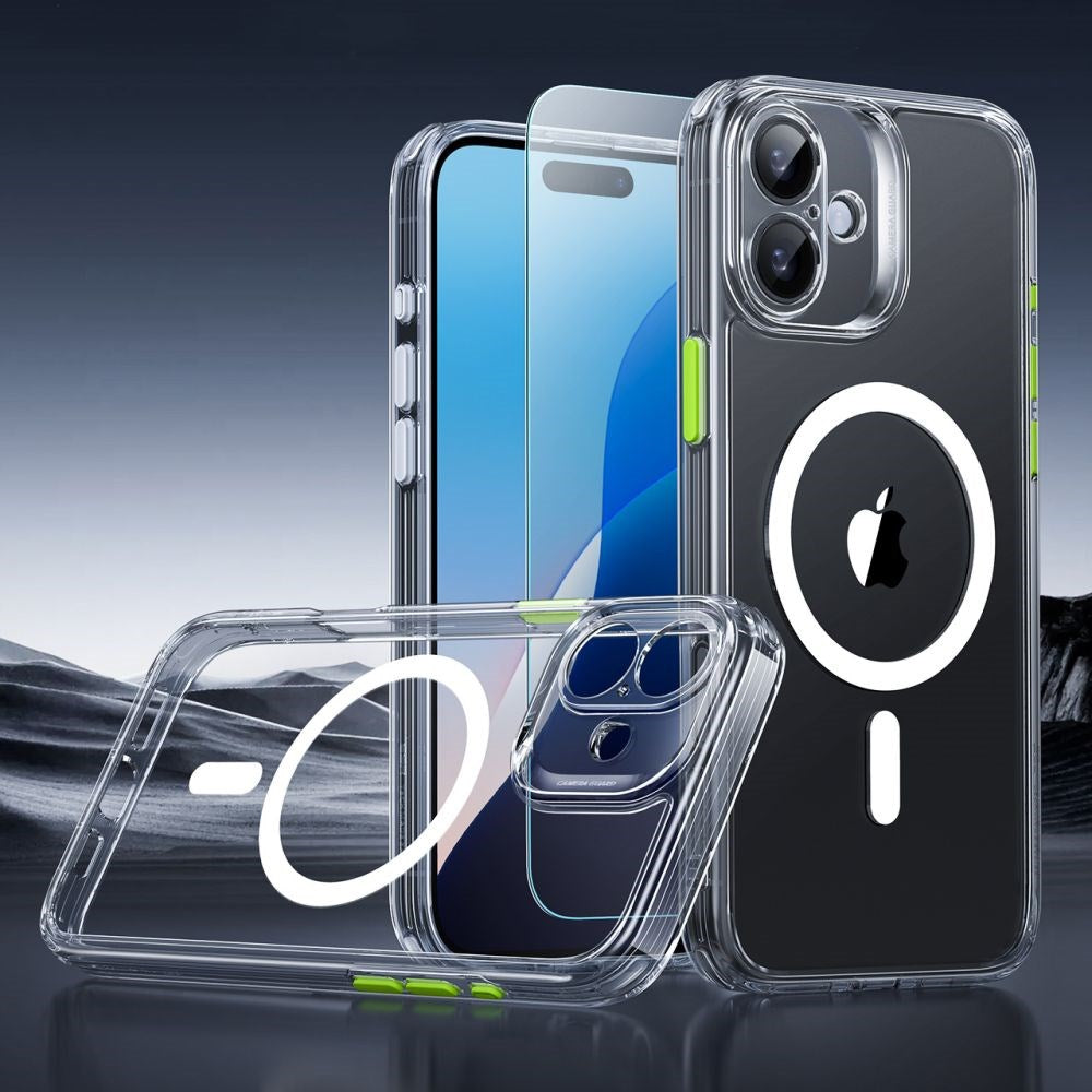 iPhone 16 ESR Classic Pro Set HaloLock with Back Case & Screen Protector Glass – MagSafe Compatible – Transparent