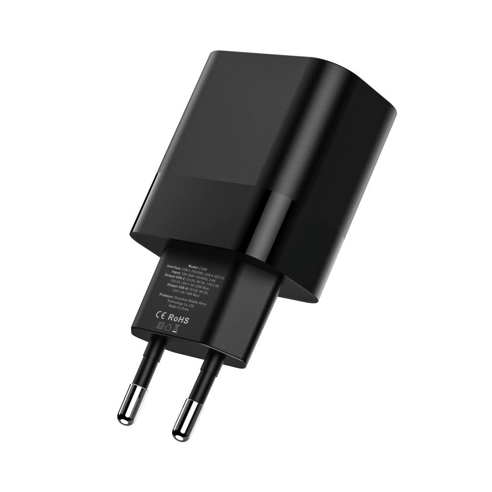 Tech-Protect 30W Wall Charger w. 1 x USB-C & 1 x USB-A - Black