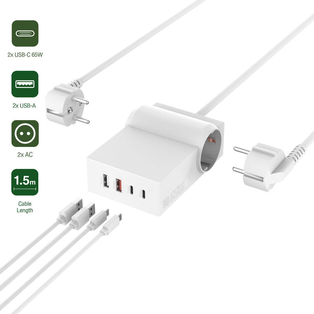 4smarts 6-in-1 GaN 65W Power Strip with 2x AC / 2x USB-C / 2x USB-A – White