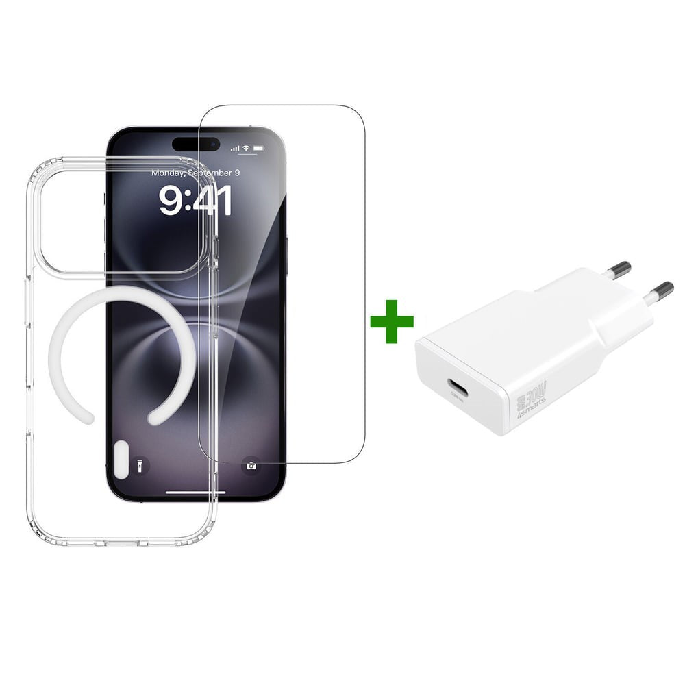 iPhone 18 Pro / 17 Pro 4Smarts 3-in-1 Premium Starter Set - MagSafe Case, Screen Protector & 20W Wall Charger - Transparent / White